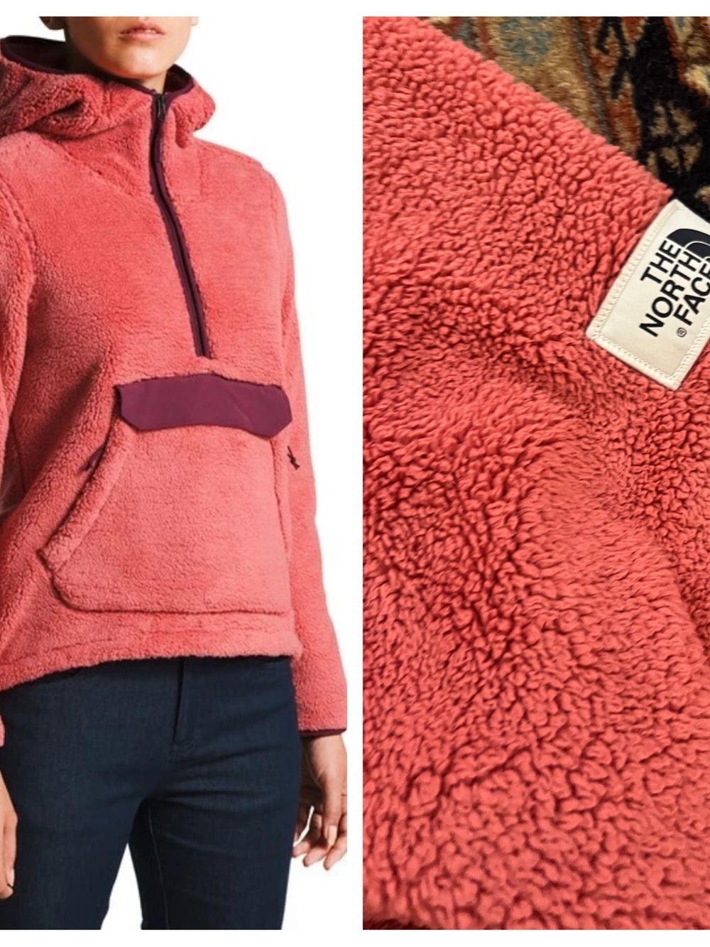 The North Face Campshire Fleece Hooded Half-Zip Pullover Womens XL pink maroon